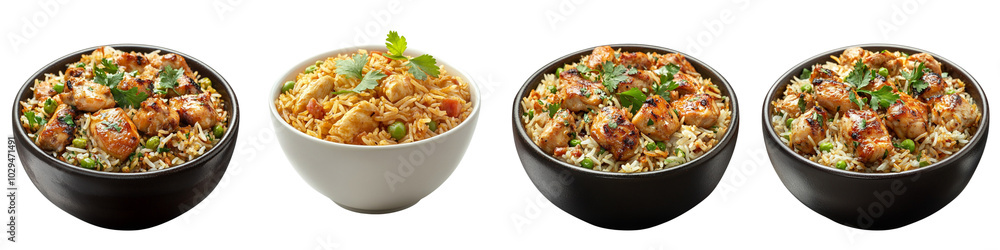 collection Set of A bowl of biryani with chicken pieces, isolated on a transparent background cutout, PNG file collection Set of A bowl of biryani with chicken pieces, isolated on a transparent background cutout, PNG file