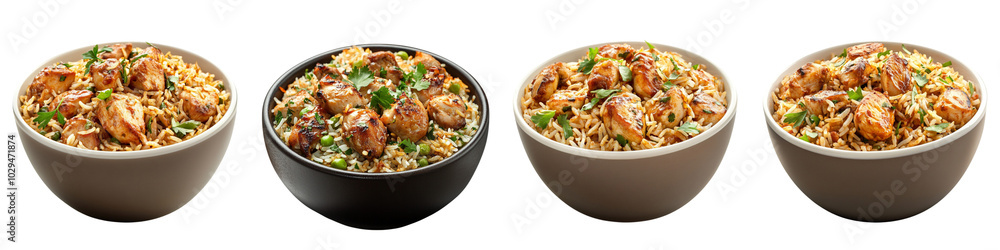 collection Set of A bowl of biryani with chicken pieces, isolated on a transparent background cutout, PNG file collection Set of A bowl of biryani with chicken pieces, isolated on a transparent background cutout, PNG file