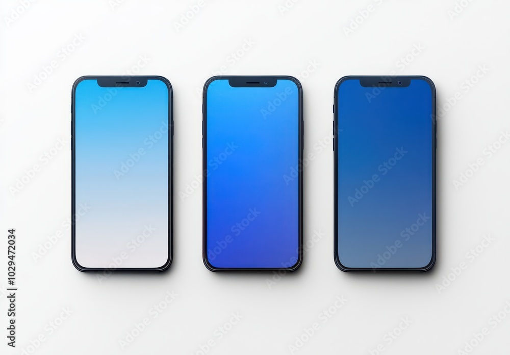 Three modern smartphone mockups with a blue gradient screen on a white background for technology presentation Three modern smartphone mockups with a blue gradient screen on a white background for technology presentation