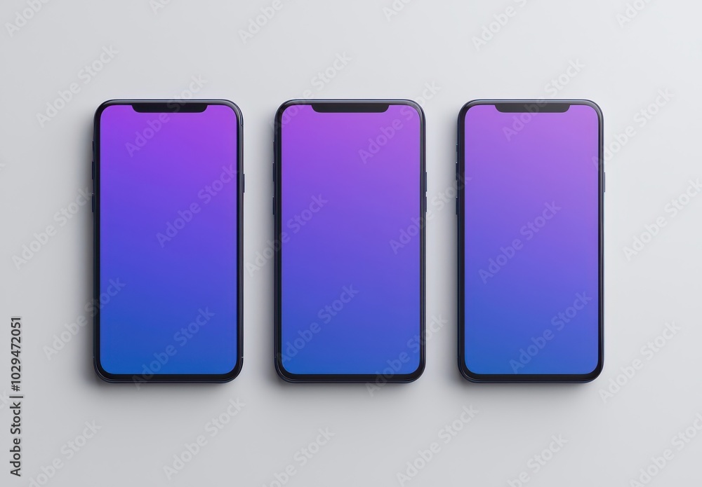 Three smartphone mockups with gradient blue and white backgrounds on a clean white surface Three smartphone mockups with gradient blue and white backgrounds on a clean white surface