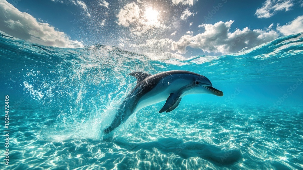 Fototapeta premium A dolphin leaps out of the water, creating a splash and a wave. The sun shines brightly in the sky above.