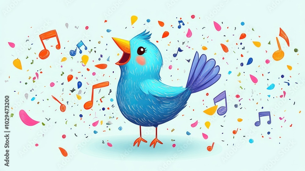 Fototapeta premium Cheerful Cartoon Bird Singing Joyfully Amidst Colorful Musical Notes