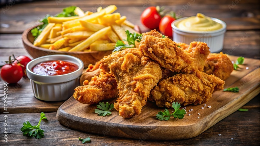 Studio shot of fried chicken and fresh fries with mustard and ketchup