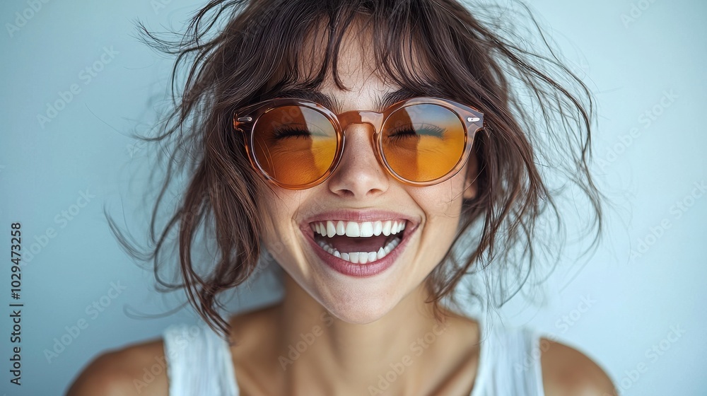 A young woman with sunglasses enjoys a sunny day, smiling brightly against a light blue background A young woman with sunglasses enjoys a sunny day, smiling brightly against a light blue background