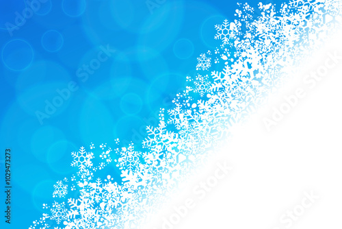 Winter banner with white snow for Christmas and New Year holidays. Blue blurry background with snowflakes and copy space for text in corner, vector illustration