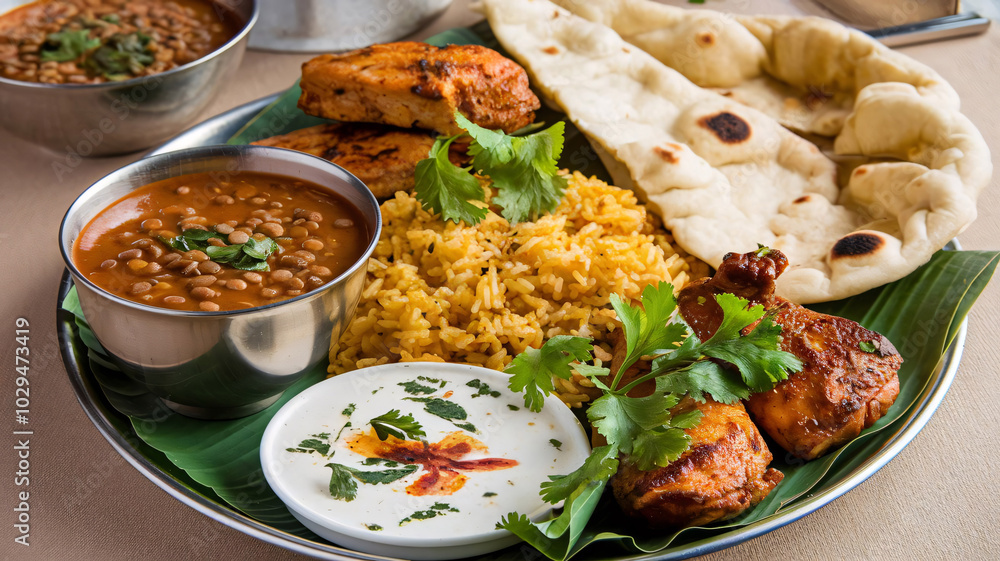 Platter of delectable Indian cuisine with naan and lentils
Platter of delectable Indian cuisine with naan and lentils