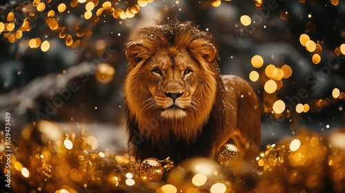 Majestic Lion Standing Proudly Amidst Sparkling Lights and Festive Ribbons photo