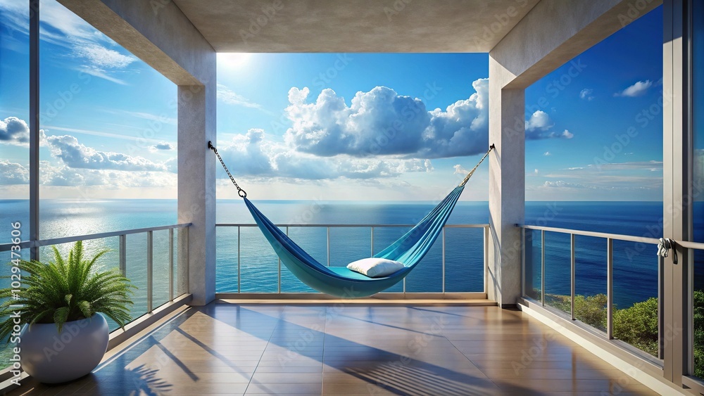 Fototapeta premium Stunning blue balcony overlooking ocean with cozy amaca swinging in gentle breeze