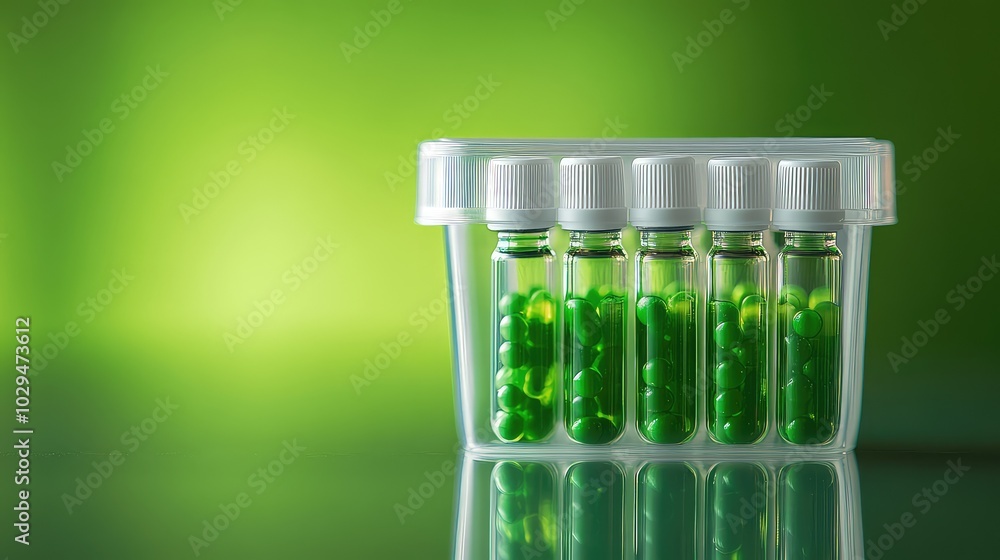 Plastic Container with Small Green Vials on Reflective Surface Plastic Container with Small Green Vials on Reflective Surface