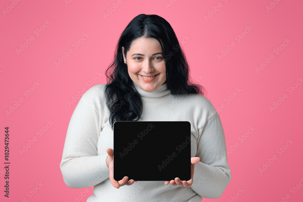 Cool Website. Happy Plus Size Girl Demonstrating Digital Tablet With Black Blank Screen, Posing Over Pink Background With Free Space Cool Website. Happy Plus Size Girl Demonstrating Digital Tablet With Black Blank Screen, Posing Over Pink Background With Free Space