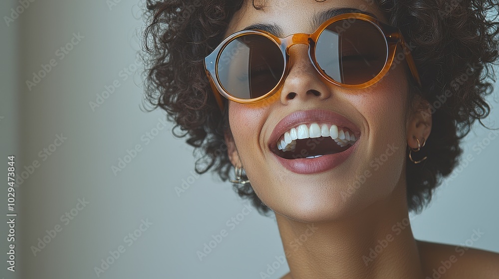 A joyful young woman with curly hair smiles brightly while wearing stylish sunglasses indoors during daylight A joyful young woman with curly hair smiles brightly while wearing stylish sunglasses indoors during daylight