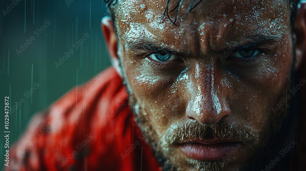 Close-up portrait of a determined male football player in the rain wearing red gear with intense focus and athletic energy Close-up portrait of a determined male football player in the rain wearing red gear with intense focus and athletic energy