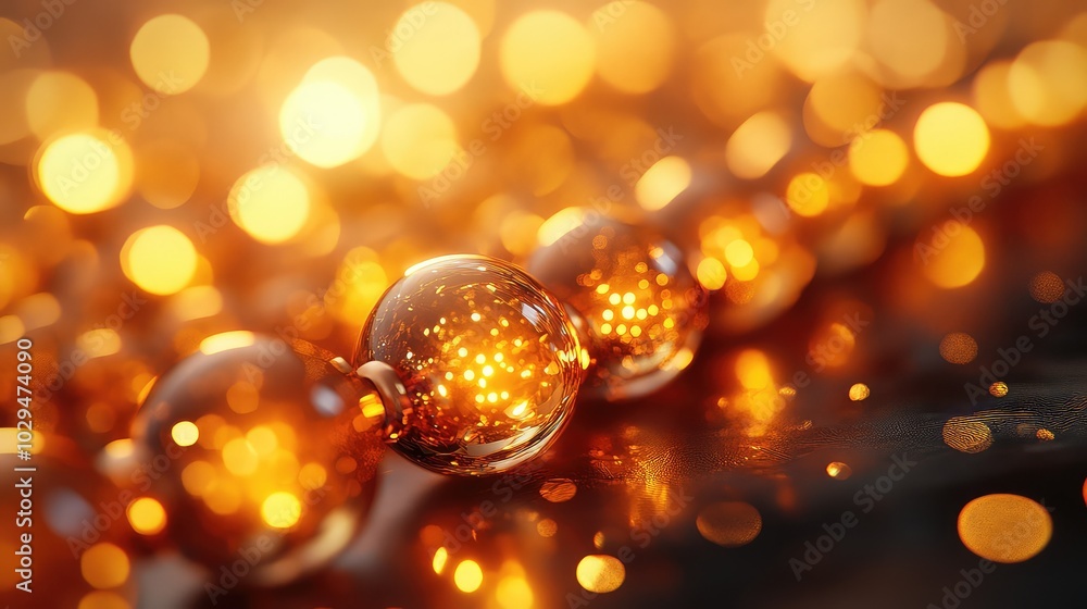 Close-Up of Reflective Amber Glass Beads Arranged in a Line Close-Up of Reflective Amber Glass Beads Arranged in a Line