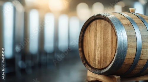 A wooden barrel gently illuminated by soft natural light inside a cozy cellar setting, emphasizing the craftsmanship and tradition inherent in winemaking and storage.