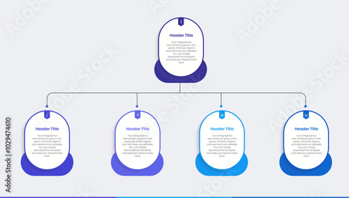 Business management level distribution structure Infographics Design Template, Workflow diagram, flowchart, Concept tree chart for business hierarchy, Second level Organizational chart divide to four