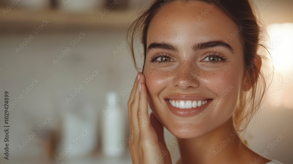 Close-up portrait of a smiling woman holding a skincare product in a cozy bathroom setting, embracing self-care and natural beauty Close-up portrait of a smiling woman holding a skincare product in a cozy bathroom setting, embracing self-care and natural beauty
