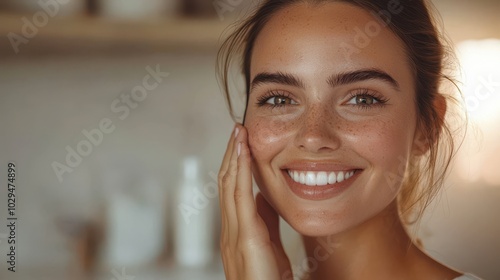 Close-up portrait of a smiling woman holding a skincare product in a cozy bathroom setting, embracing self-care and natural beauty