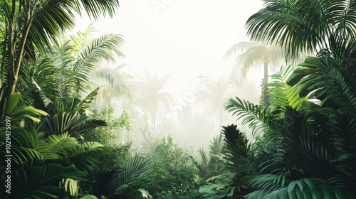 Lush Tropical Jungle with Palm Trees and Mist.