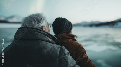 An elder woman and a young girl stand together, viewing an icy lake. Their closeness highlights generational bonds and the beauty of nature's scenes. photo