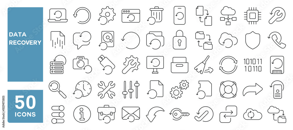 Set of 50 line icons related to data recovery, restore, backup, fix, renew, return, refresh, recover, Editable stroke. Vector illustration Set of 50 line icons related to data recovery, restore, backup, fix, renew, return, refresh, recover, Editable stroke. Vector illustration