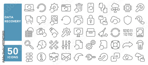 Set of 50 line icons related to data recovery, restore, backup, fix, renew, return, refresh, recover, Editable stroke. Vector illustration