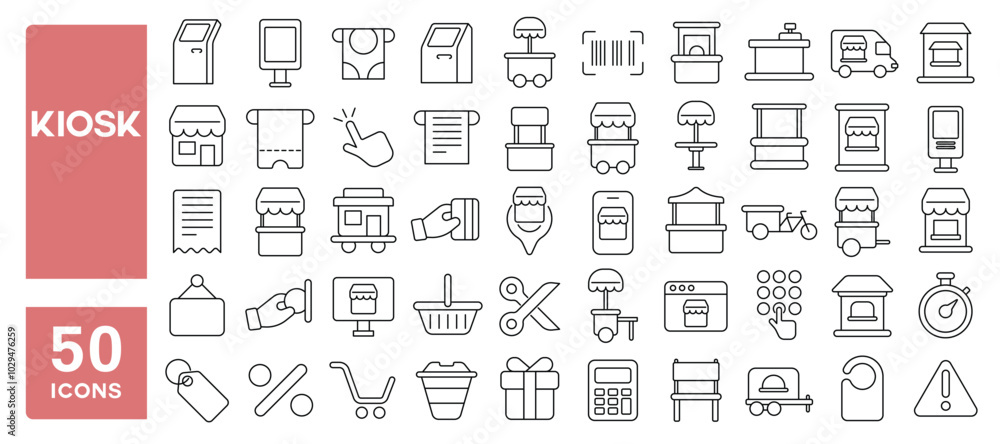 Set of 50 line icons related to kiosk, ticket, receipt, machine, shop, payment, touch, barcode, monitor, Editable stroke. Vector illustration Set of 50 line icons related to kiosk, ticket, receipt, machine, shop, payment, touch, barcode, monitor, Editable stroke. Vector illustration