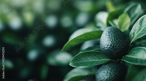 Vibrant close-up showcasing a ripe avocado hanging amidst lush green leaves, emphasizing the natural beauty and richness of the thriving fruit on the tree.