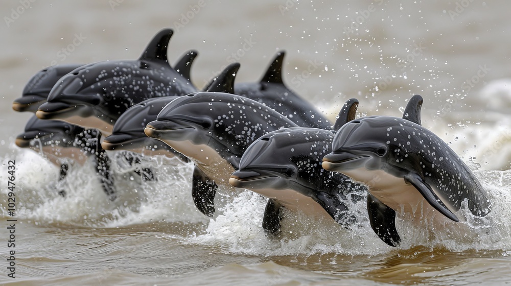Fototapeta premium A lively pod of dolphins swims gracefully through the vibrant ocean waters, showcasing beauty.