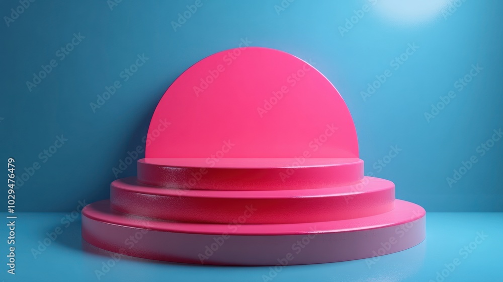 A vibrant pink circular podium against a blue background, ideal for displays or presentations. A vibrant pink circular podium against a blue background, ideal for displays or presentations.