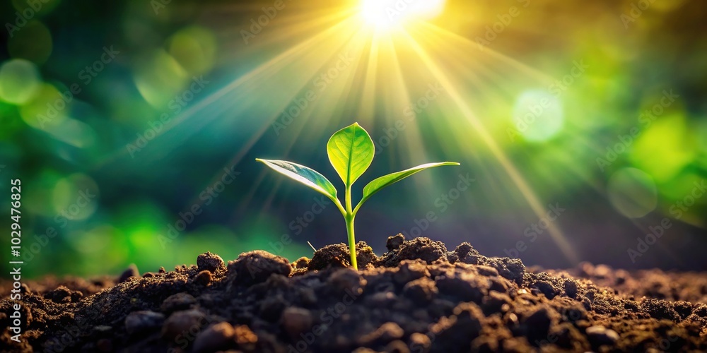 Plant growing in ground with sunlight shining through Plant growing in ground with sunlight shining through