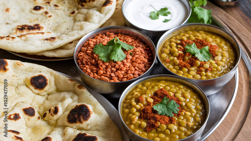 Platter of delectable Indian cuisine with naan and lentils
Platter of delectable Indian cuisine with naan and lentils