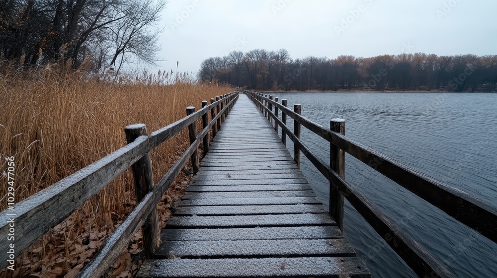 Naklejka premium A frosty wooden pier elegantly stretching into the expansive, icy lake, bordered by reeds and trees, representing cold, silence, and introspection.