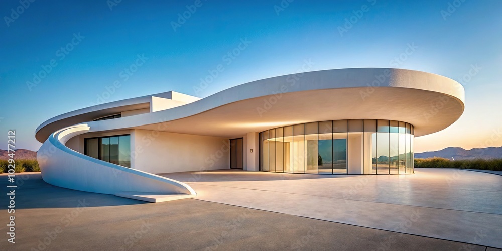 Obraz premium Modern architectural structure with curved white walls and a flat roof in a desert environment
