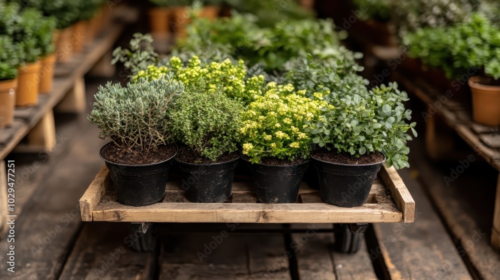 A selection of potted plants, including herbs and small shrubs, arranged on a wooden cart in a greenhouse, illustrating diversity and healthy plant life. A selection of potted plants, including herbs and small shrubs, arranged on a wooden cart in a greenhouse, illustrating diversity and healthy plant life.