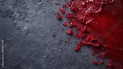 A close-up view of a dark, textured surface features a vivid red substance splattered across it, emphasizing both contrast and emotion through artistic design. photo