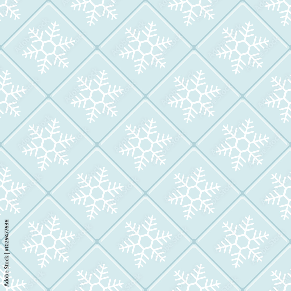 Seamless pattern with ceramic tiles with snowflakes. Winter geometric background with square mosaic with snowflakes. Bathroom or kitchen wall or floor with blue tiles, vector illustration Seamless pattern with ceramic tiles with snowflakes. Winter geometric background with square mosaic with snowflakes. Bathroom or kitchen wall or floor with blue tiles, vector illustration