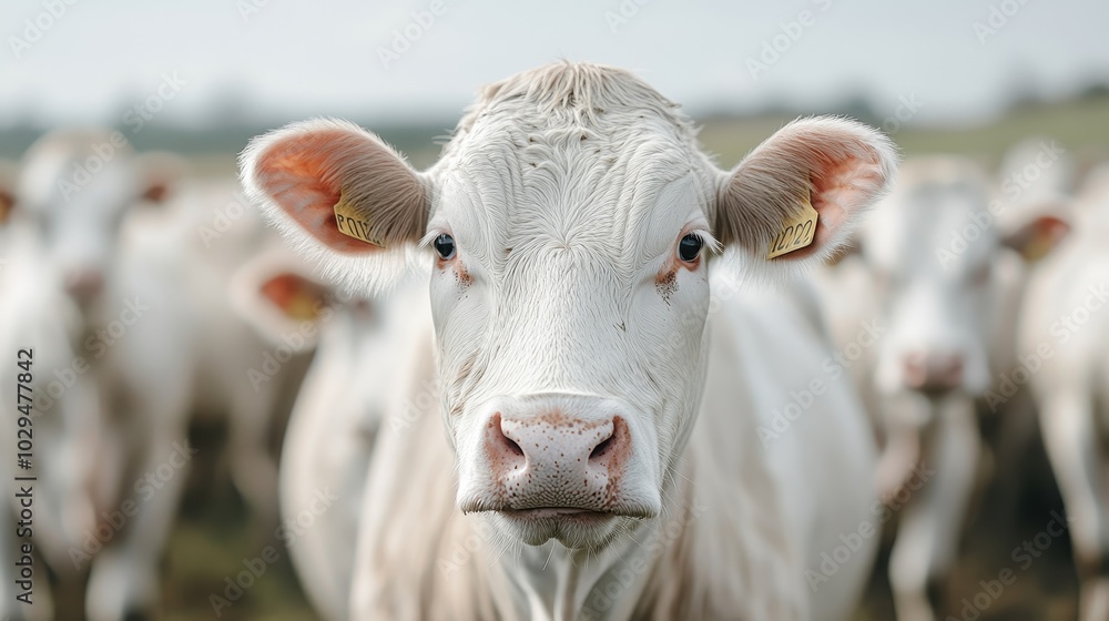 In a lush green field, a charismatic white cow stands prominently among its herd, gazing directly at the camera, embodying strength and tranquility in nature. In a lush green field, a charismatic white cow stands prominently among its herd, gazing directly at the camera, embodying strength and tranquility in nature.