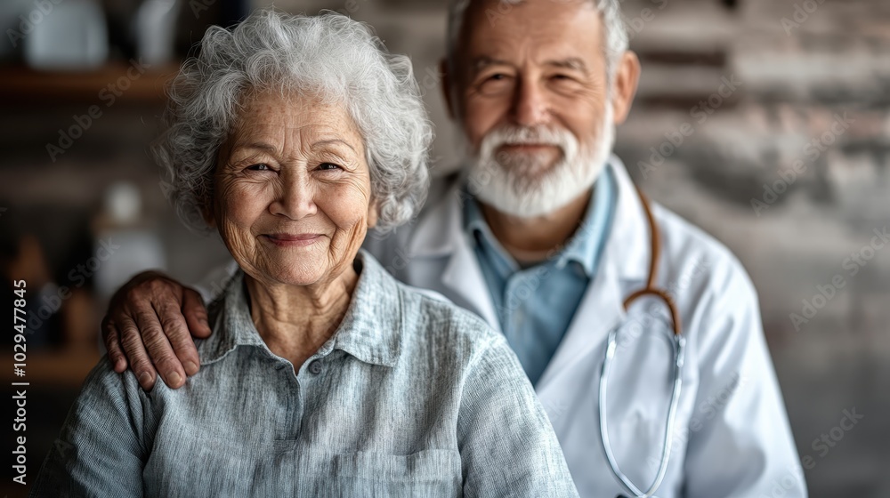 An elderly couple poses with a doctor indoors, symbolizing healthcare and family bond, their warm smiles and gentle touches embodying comfort and love in a modern setting. An elderly couple poses with a doctor indoors, symbolizing healthcare and family bond, their warm smiles and gentle touches embodying comfort and love in a modern setting.