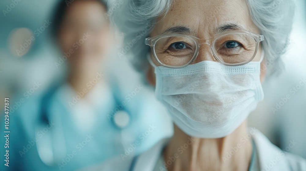 A doctor wearing glasses and a white mask stands confidently in a medical setting, exuding professionalism and care, with another healthcare worker in the background. A doctor wearing glasses and a white mask stands confidently in a medical setting, exuding professionalism and care, with another healthcare worker in the background.