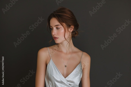 Minimalistic portrait of a woman in a satin slip dress with an elegant updo, posing against a dark background, capturing a soft expression and ample copy space for fashion and beauty themes.

