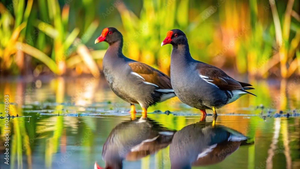 Pair of common gallinules or moorhens at Pinckney Island National Wildlife Refuge South Carolina Forced Perspective Pair of common gallinules or moorhens at Pinckney Island National Wildlife Refuge South Carolina Forced Perspective