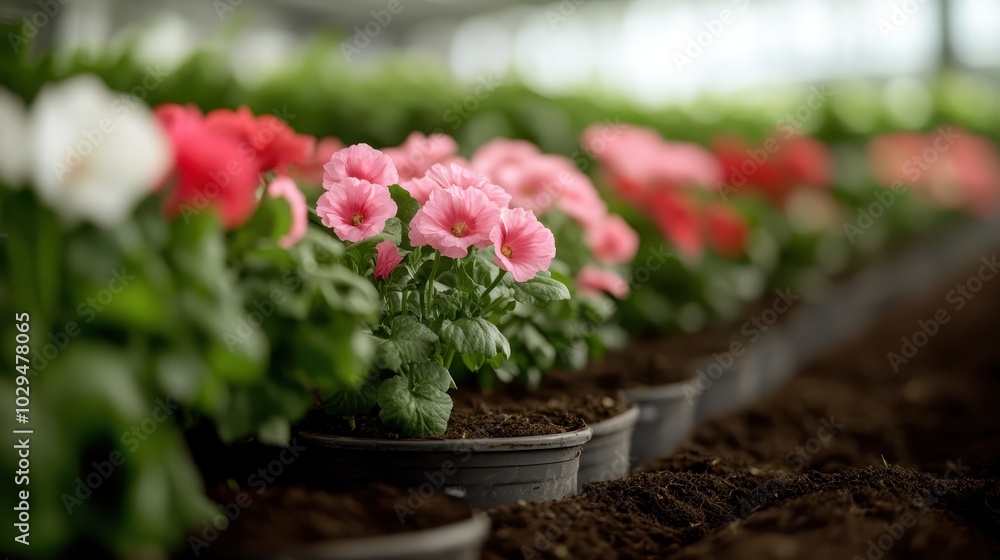 A row of colorful flowers sits in a modern greenhouse, their vivid petals reflecting a sense of joy and the harmonious balance of human and nature. A row of colorful flowers sits in a modern greenhouse, their vivid petals reflecting a sense of joy and the harmonious balance of human and nature.