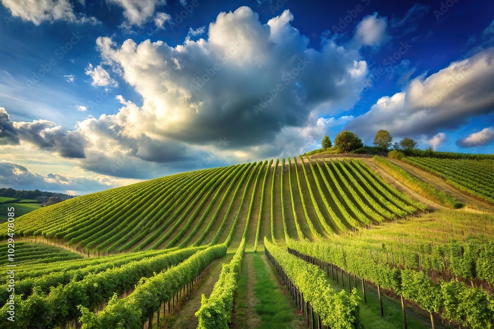 Vibrant vineyard pattern on hill with blue cloudy sky above Vibrant vineyard pattern on hill with blue cloudy sky above