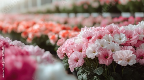 A lush display of vibrant pink flowers in full bloom fills a greenhouse, showcasing the beauty and warmth of cultivated flora in a controlled environment. photo