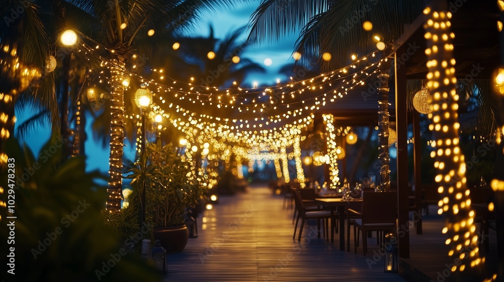 A festive scene of a tropical beach at sunset, decorated with glowing Christmas lights wrapped around palm trees, and a New Year’s Eve party setup with tiki torches, tables, and colorful banners A festive scene of a tropical beach at sunset, decorated with glowing Christmas lights wrapped around palm trees, and a New Year’s Eve party setup with tiki torches, tables, and colorful banners