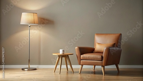 Modern asymmetrical brown armchair with table and lamp