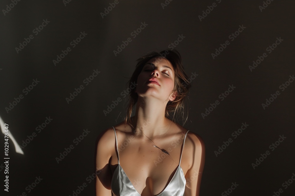 Moody portrait of a woman in a silk camisole, sitting in dim lighting, highlighting natural beauty and soft shadows against a dark background, offering ample copy space for dramatic themes.
Moody portrait of a woman in a silk camisole, sitting in dim lighting, highlighting natural beauty and soft shadows against a dark background, offering ample copy space for dramatic themes.