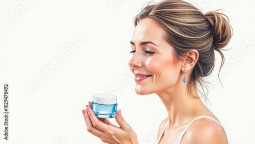 A well-groomed middle-aged woman holds in her hands a jar of face cream around the eyes on a white background. Place for text. Advertising space