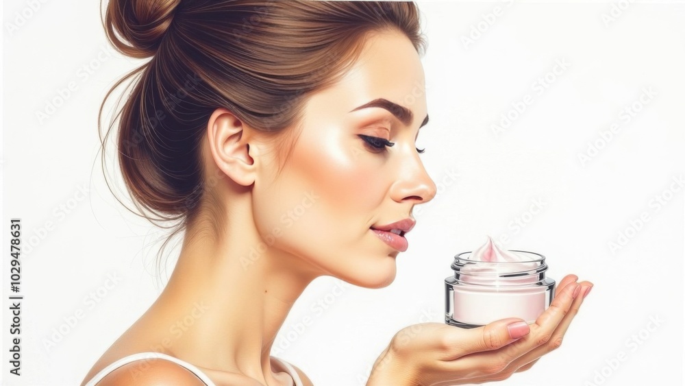 A well-groomed middle-aged woman holds in her hands a jar of face cream around the eyes on a white background. Place for text. Advertising space A well-groomed middle-aged woman holds in her hands a jar of face cream around the eyes on a white background. Place for text. Advertising space