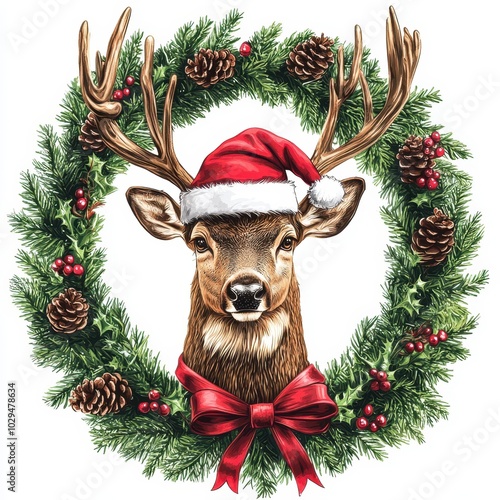 Deer with antlers wearing a Santa hat, framed by a festive wreath of pine and holly.